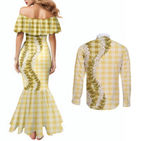 Yellow Hawaii Palaka Couples Matching Mermaid Dress and Long Sleeve Button Shirt Hawaiian Honohono Lei