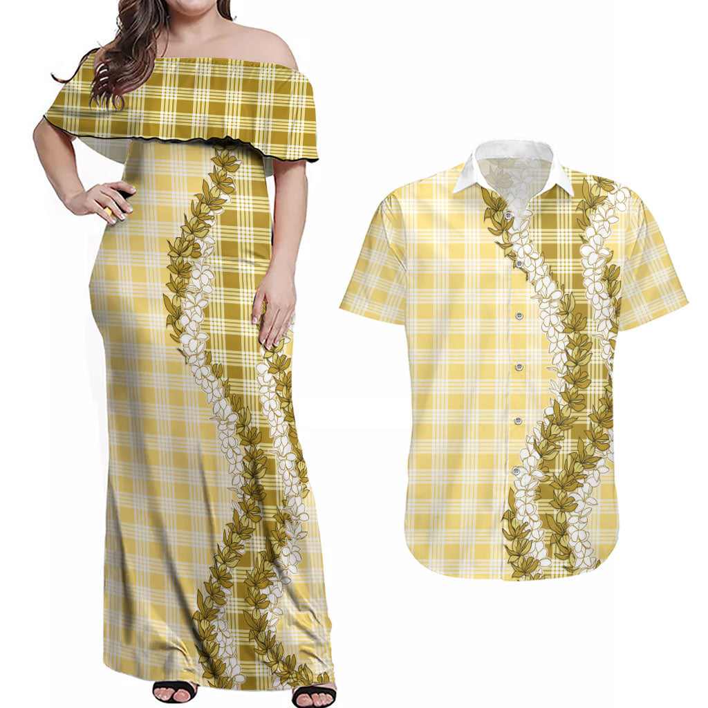 Yellow Hawaii Palaka Couples Matching Off Shoulder Maxi Dress and Hawaiian Shirt Hawaiian Honohono Lei
