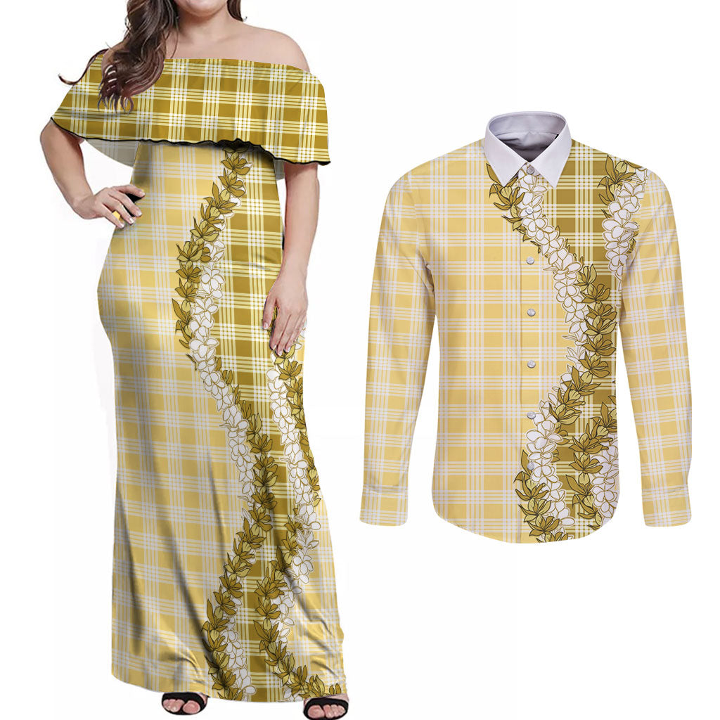 Yellow Hawaii Palaka Couples Matching Off Shoulder Maxi Dress and Long Sleeve Button Shirt Hawaiian Honohono Lei