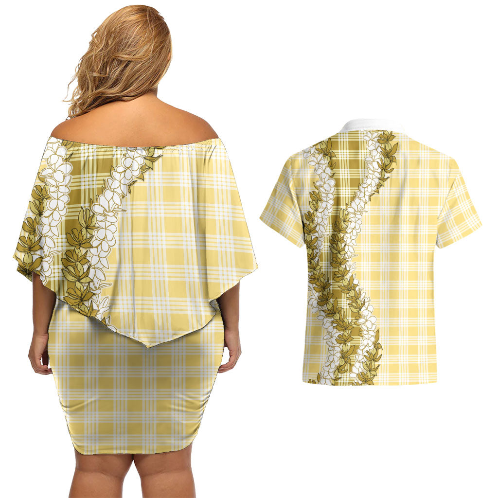 Yellow Hawaii Palaka Couples Matching Off Shoulder Short Dress and Hawaiian Shirt Hawaiian Honohono Lei
