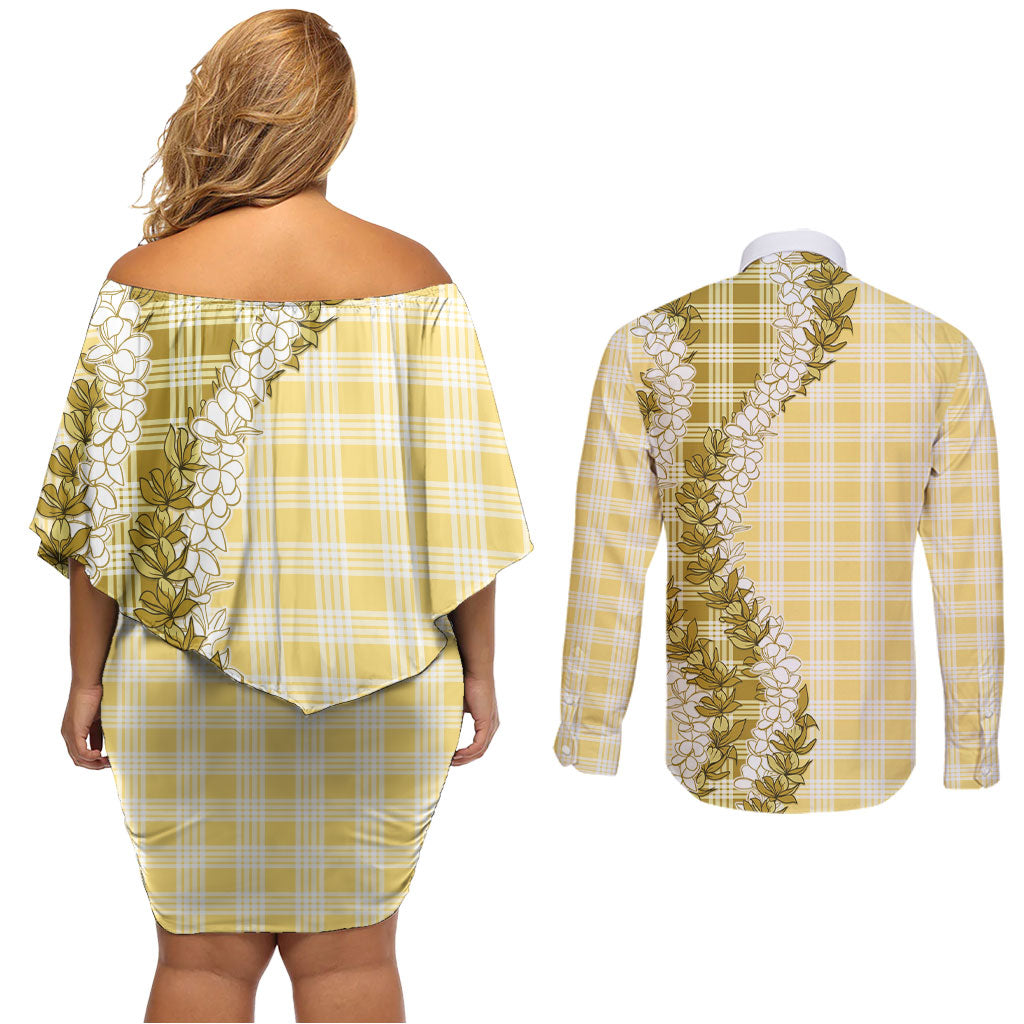 Yellow Hawaii Palaka Couples Matching Off Shoulder Short Dress and Long Sleeve Button Shirt Hawaiian Honohono Lei