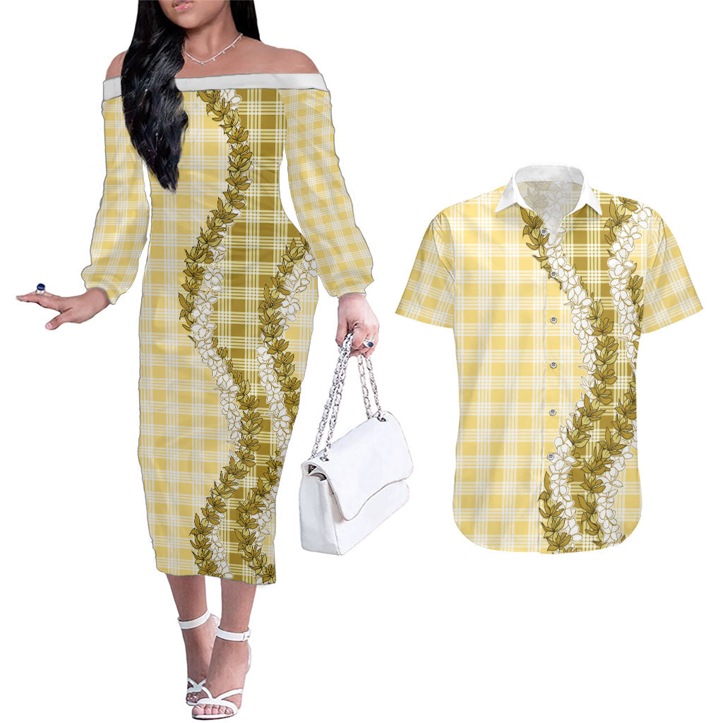 Yellow Hawaii Palaka Couples Matching Off The Shoulder Long Sleeve Dress and Hawaiian Shirt Hawaiian Honohono Lei