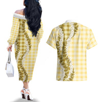 Yellow Hawaii Palaka Couples Matching Off The Shoulder Long Sleeve Dress and Hawaiian Shirt Hawaiian Honohono Lei