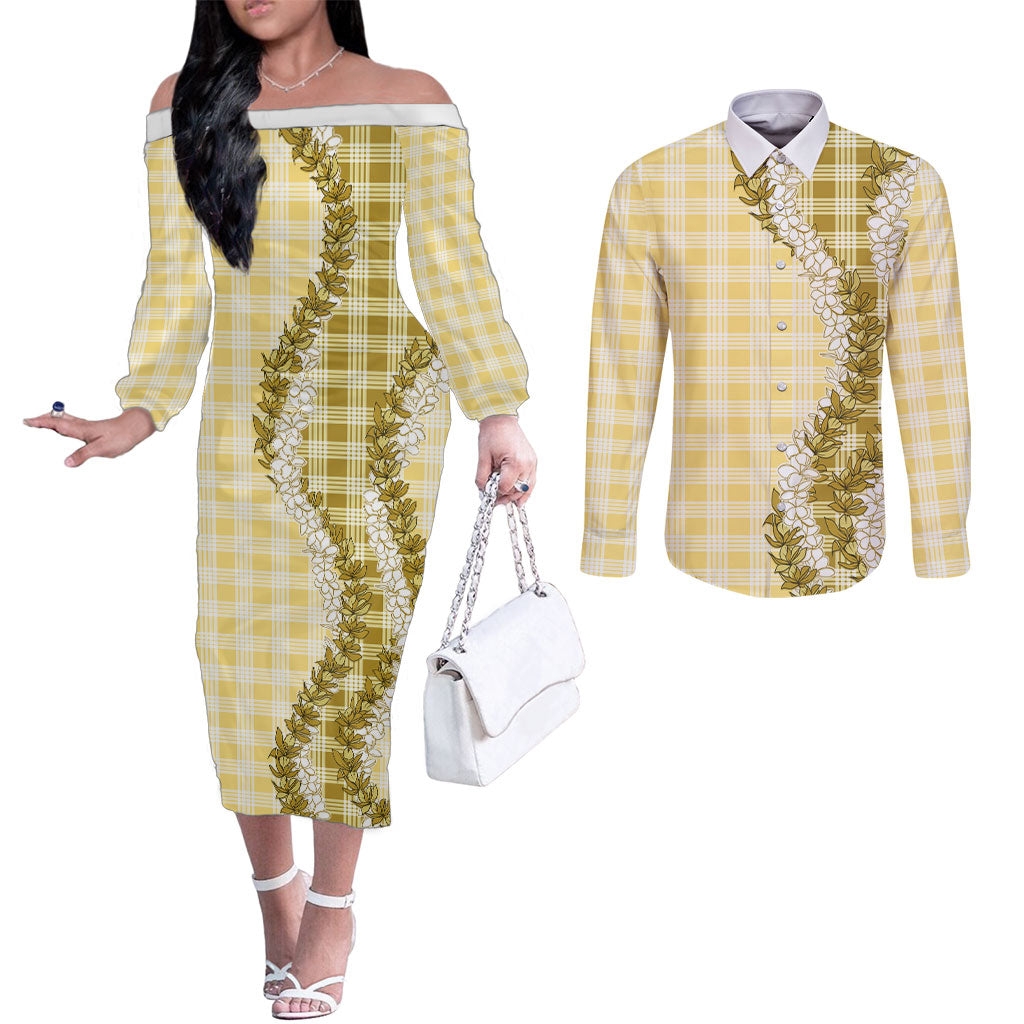 Yellow Hawaii Palaka Couples Matching Off The Shoulder Long Sleeve Dress and Long Sleeve Button Shirt Hawaiian Honohono Lei