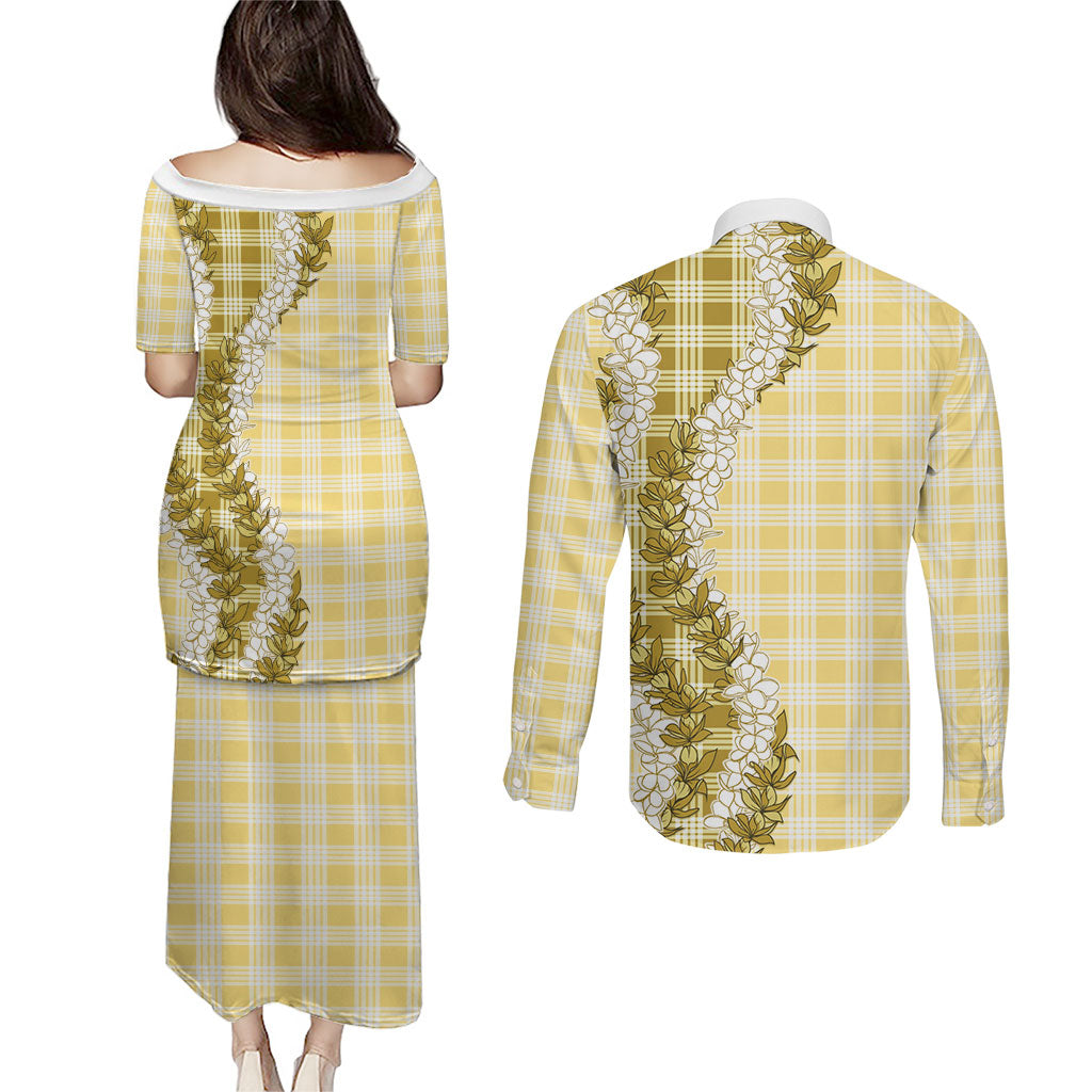 Yellow Hawaii Palaka Couples Matching Puletasi and Long Sleeve Button Shirt Hawaiian Honohono Lei