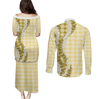Yellow Hawaii Palaka Couples Matching Puletasi and Long Sleeve Button Shirt Hawaiian Honohono Lei