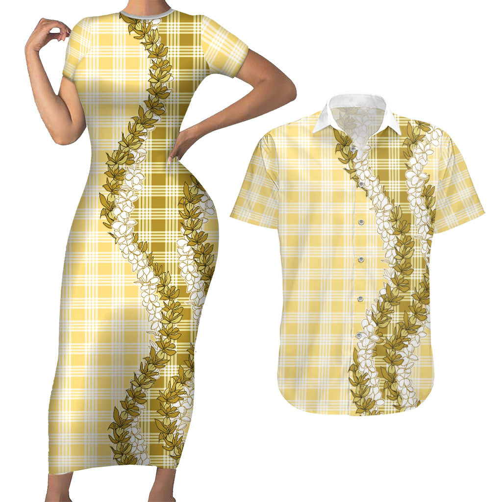 Yellow Hawaii Palaka Couples Matching Short Sleeve Bodycon Dress and Hawaiian Shirt Hawaiian Honohono Lei