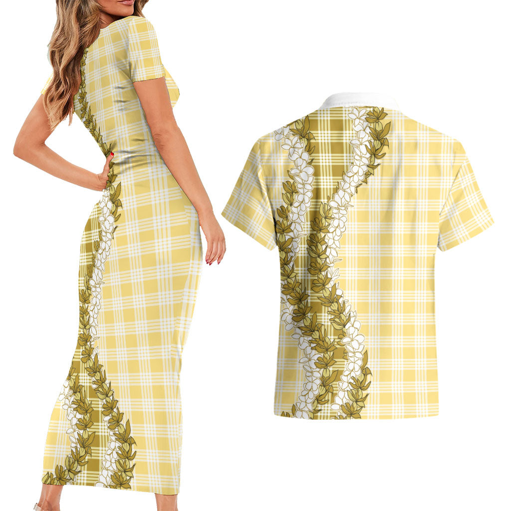 Yellow Hawaii Palaka Couples Matching Short Sleeve Bodycon Dress and Hawaiian Shirt Hawaiian Honohono Lei