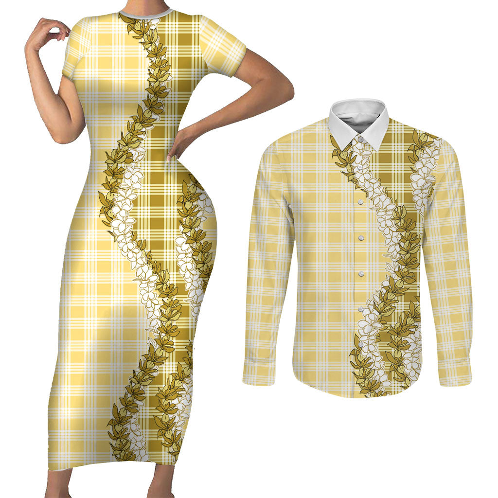 Yellow Hawaii Palaka Couples Matching Short Sleeve Bodycon Dress and Long Sleeve Button Shirt Hawaiian Honohono Lei
