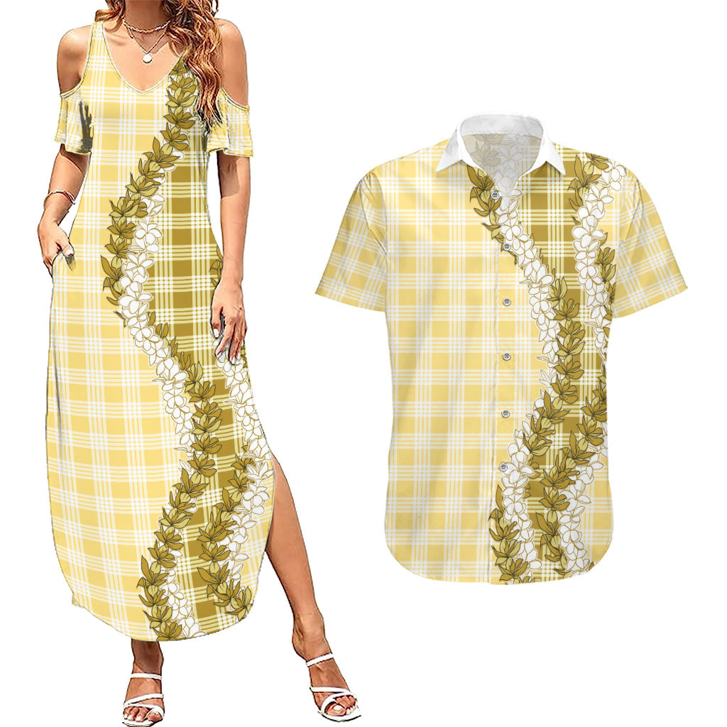 Yellow Hawaii Palaka Couples Matching Summer Maxi Dress and Hawaiian Shirt Hawaiian Honohono Lei