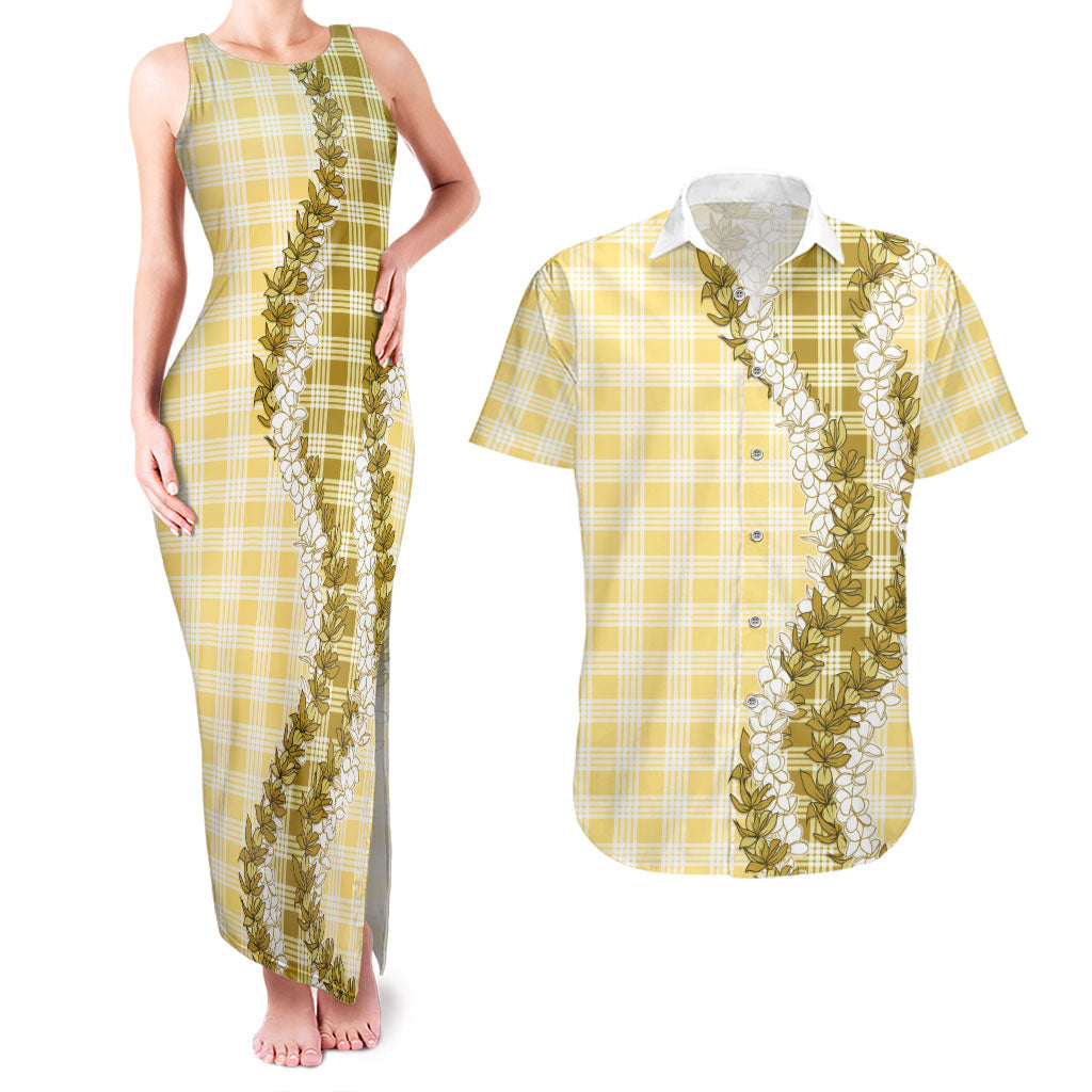 Yellow Hawaii Palaka Couples Matching Tank Maxi Dress and Hawaiian Shirt Hawaiian Honohono Lei