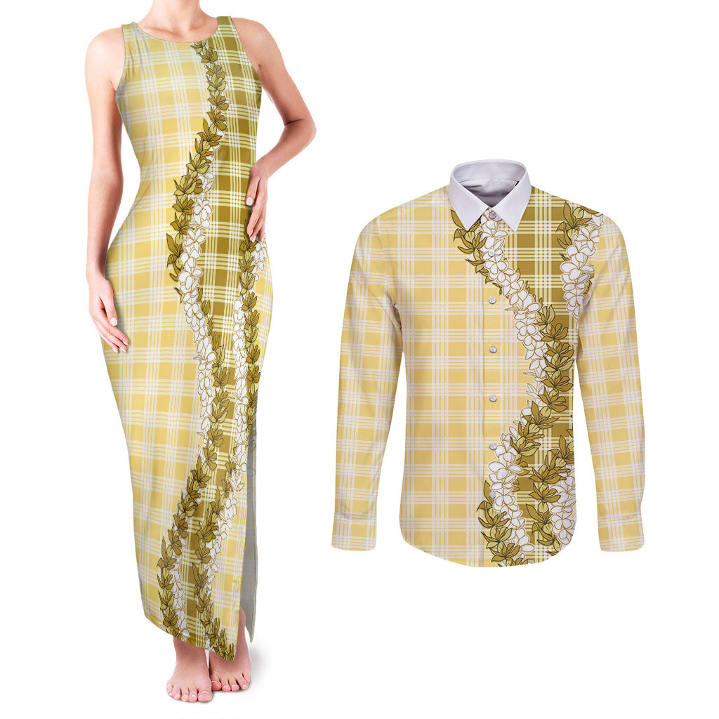 Yellow Hawaii Palaka Couples Matching Tank Maxi Dress and Long Sleeve Button Shirt Hawaiian Honohono Lei