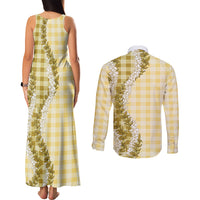 Yellow Hawaii Palaka Couples Matching Tank Maxi Dress and Long Sleeve Button Shirt Hawaiian Honohono Lei