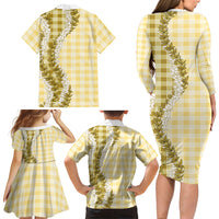 Yellow Hawaii Palaka Family Matching Long Sleeve Bodycon Dress and Hawaiian Shirt Hawaiian Honohono Lei