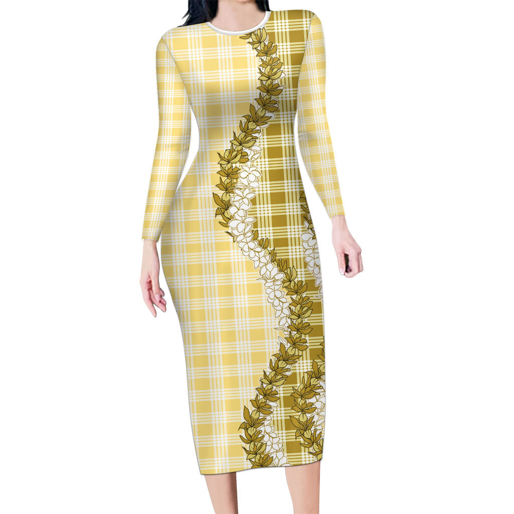 Yellow Hawaii Palaka Family Matching Long Sleeve Bodycon Dress and Hawaiian Shirt Hawaiian Honohono Lei