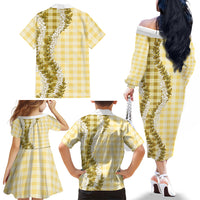 Yellow Hawaii Palaka Family Matching Off The Shoulder Long Sleeve Dress and Hawaiian Shirt Hawaiian Honohono Lei