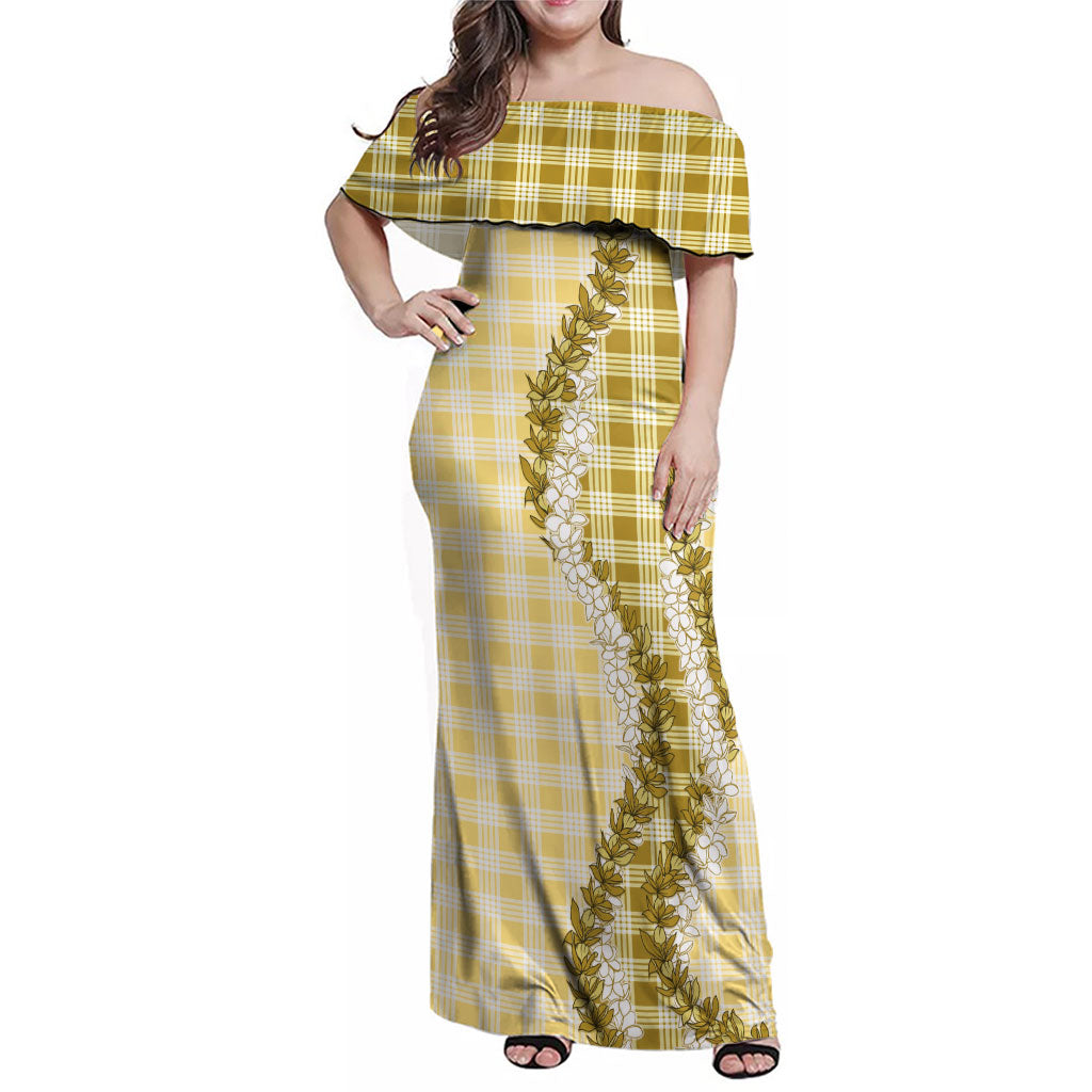 Yellow Hawaii Palaka Family Matching Off Shoulder Maxi Dress and Hawaiian Shirt Hawaiian Honohono Lei