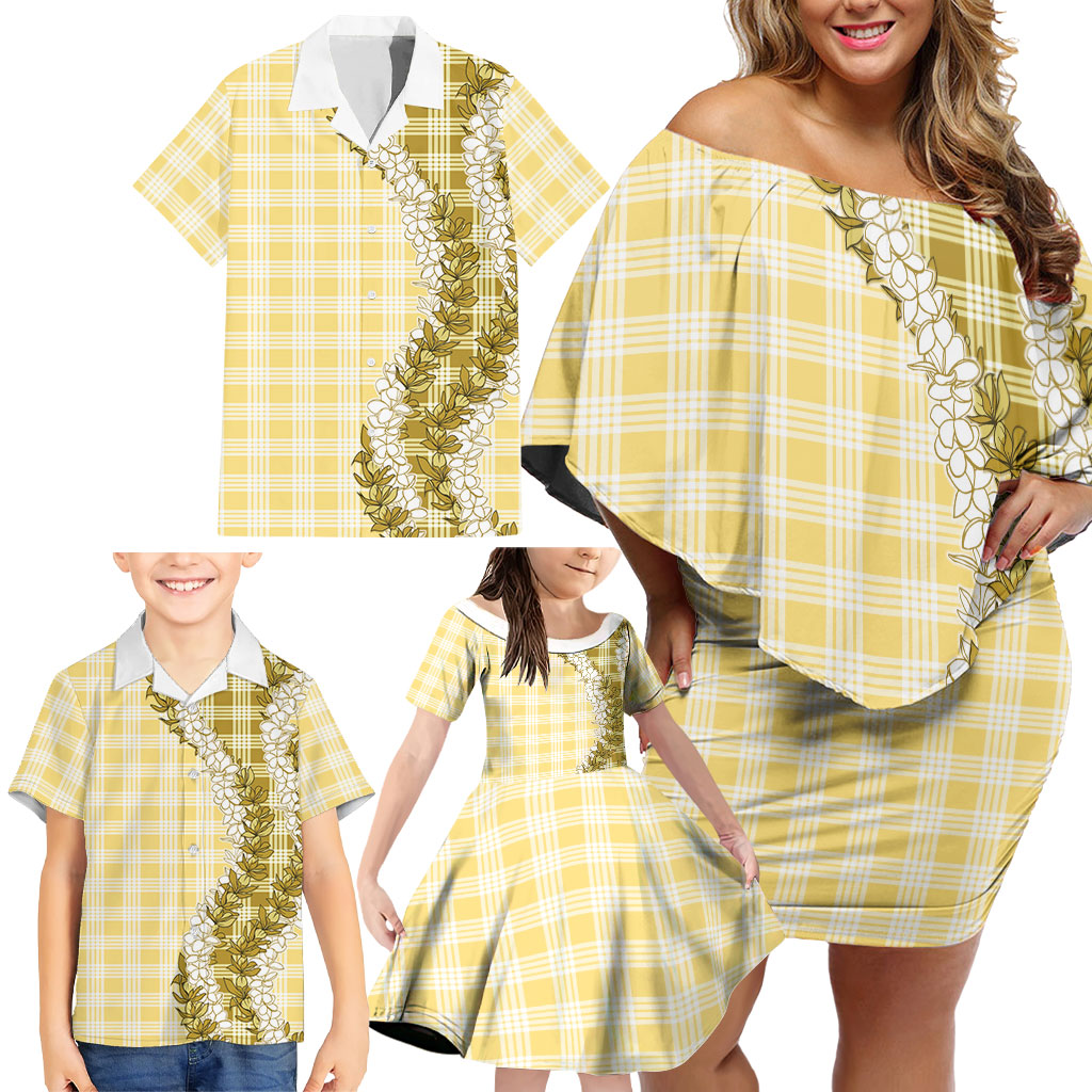 Yellow Hawaii Palaka Family Matching Off Shoulder Short Dress and Hawaiian Shirt Hawaiian Honohono Lei