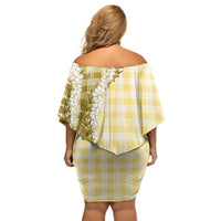 Yellow Hawaii Palaka Family Matching Off Shoulder Short Dress and Hawaiian Shirt Hawaiian Honohono Lei