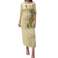 Yellow Hawaii Palaka Family Matching Puletasi and Hawaiian Shirt Hawaiian Honohono Lei