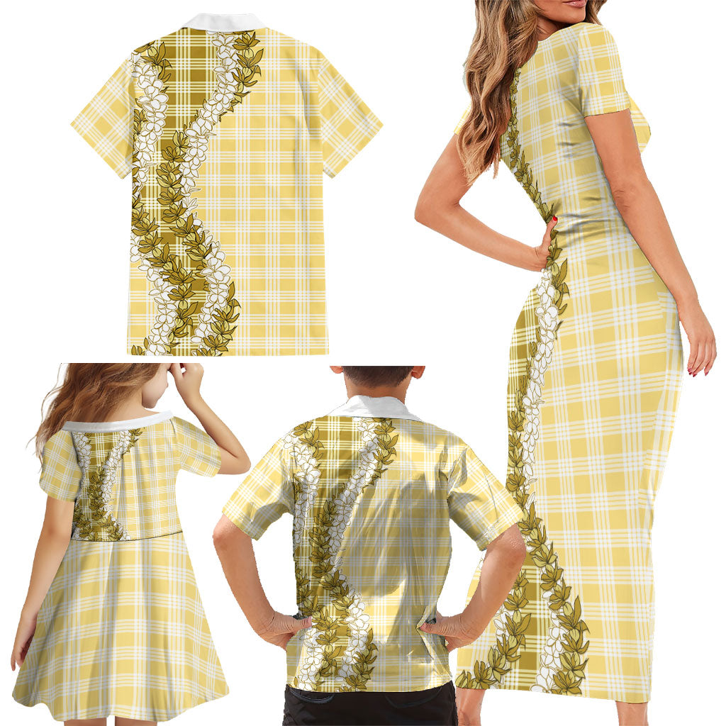 Yellow Hawaii Palaka Family Matching Short Sleeve Bodycon Dress and Hawaiian Shirt Hawaiian Honohono Lei