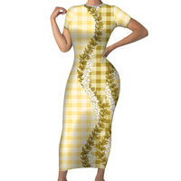 Yellow Hawaii Palaka Family Matching Short Sleeve Bodycon Dress and Hawaiian Shirt Hawaiian Honohono Lei