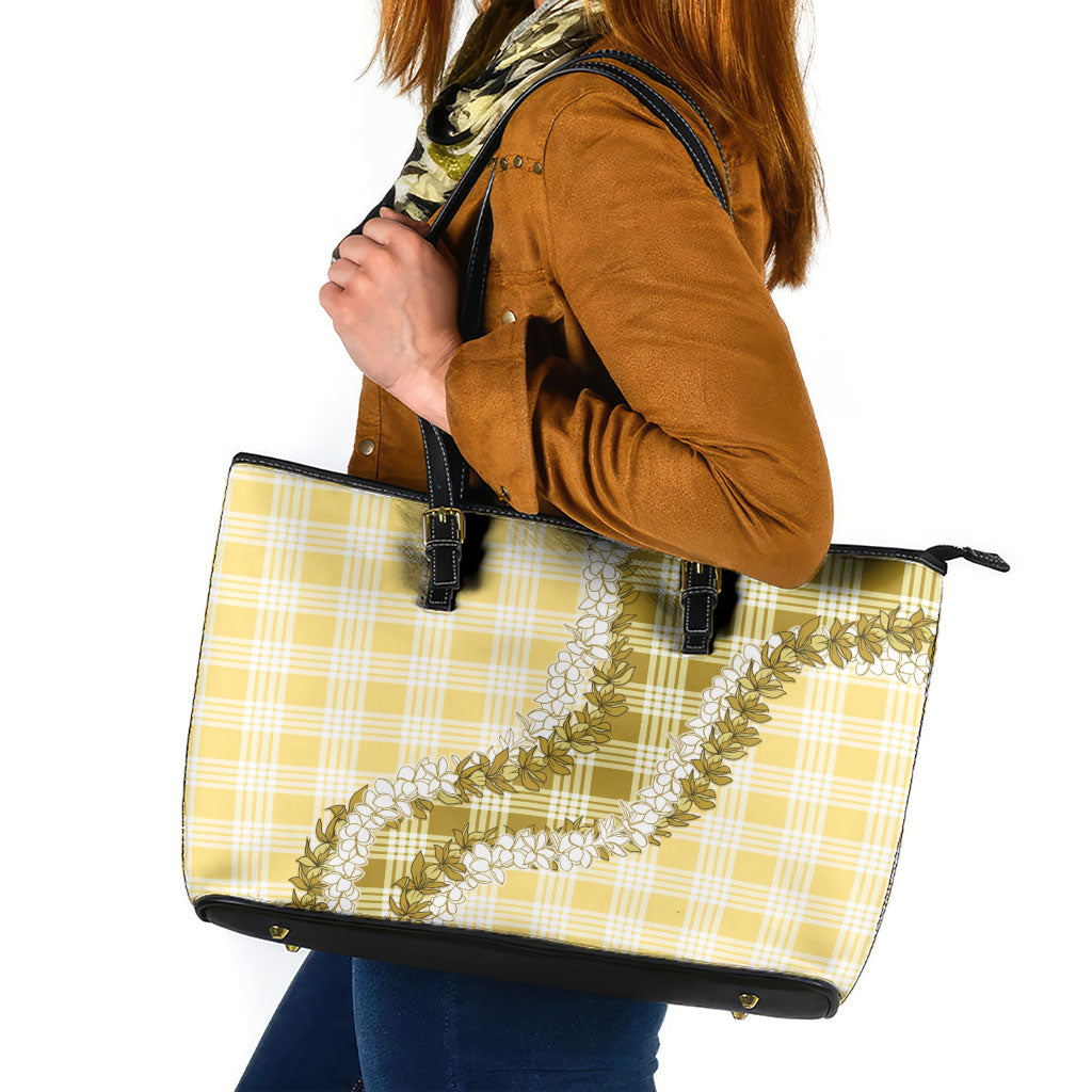 Yellow Hawaii Palaka Leather Tote Bag Hawaiian Honohono Lei