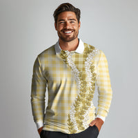 Yellow Hawaii Palaka Long Sleeve Polo Shirt Hawaiian Honohono Lei