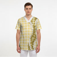 Yellow Hawaii Palaka Scrub Top Hawaiian Honohono Lei