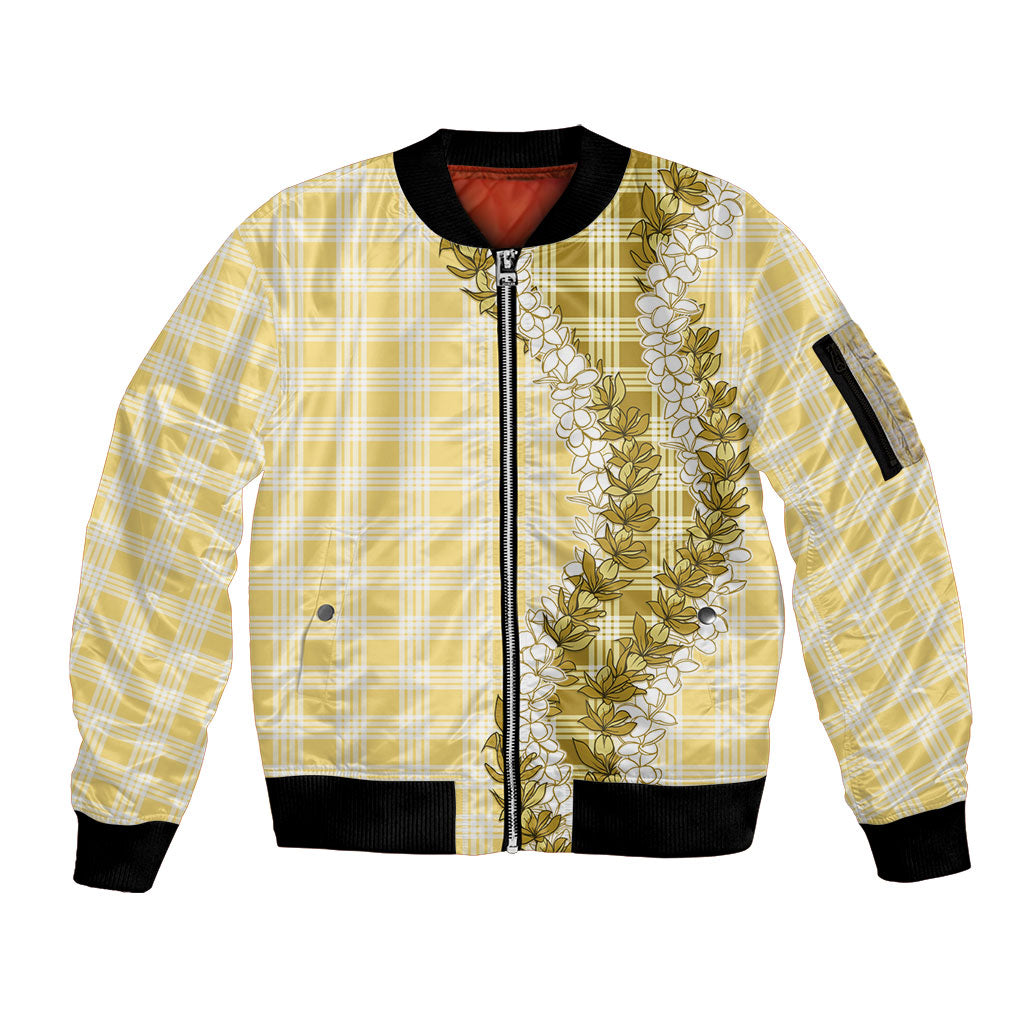 Yellow Hawaii Palaka Sleeve Zip Bomber Jacket Hawaiian Honohono Lei