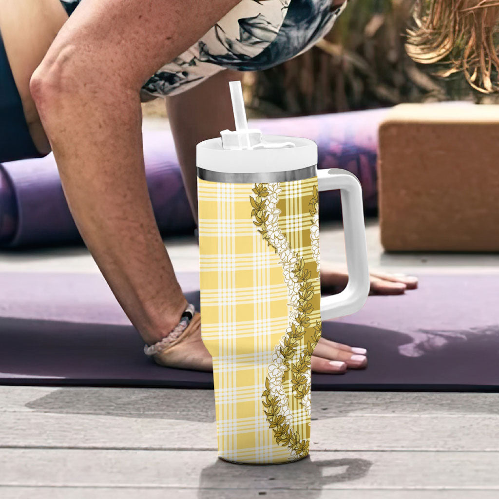 Yellow Hawaii Palaka Tumbler With Handle Hawaiian Honohono Lei