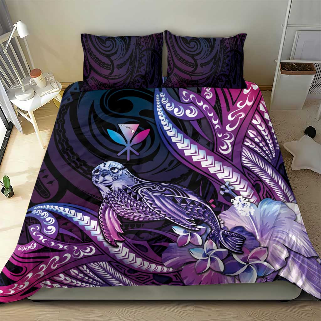 Hawaiian Monk Seal Bedding Set Kakau Tribal Pattern Violet Gradient