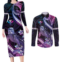 Hawaiian Monk Seal Couples Matching Long Sleeve Bodycon Dress and Long Sleeve Button Shirt Kakau Tribal Pattern Violet Gradient