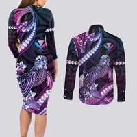 Hawaiian Monk Seal Couples Matching Long Sleeve Bodycon Dress and Long Sleeve Button Shirt Kakau Tribal Pattern Violet Gradient