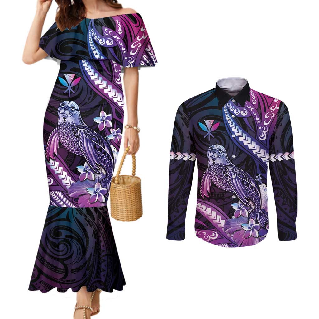 Hawaiian Monk Seal Couples Matching Mermaid Dress and Long Sleeve Button Shirt Kakau Tribal Pattern Violet Gradient