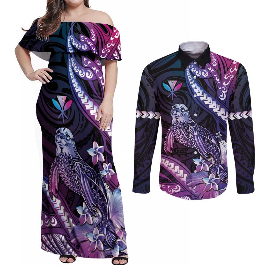 Hawaiian Monk Seal Couples Matching Off Shoulder Maxi Dress and Long Sleeve Button Shirt Kakau Tribal Pattern Violet Gradient