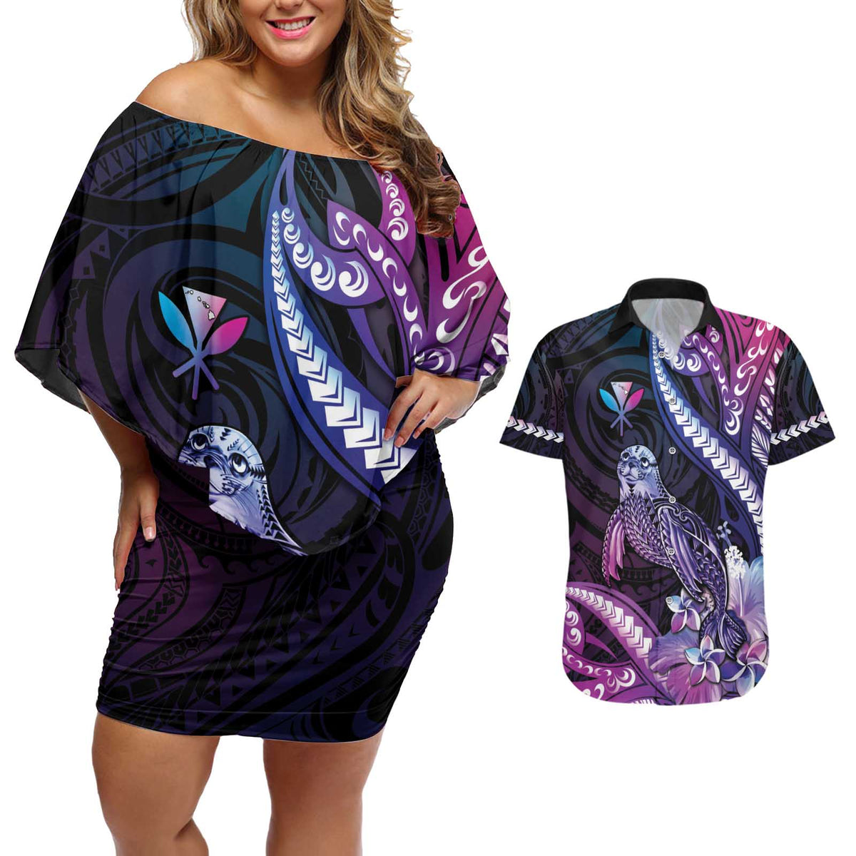 Hawaiian Monk Seal Couples Matching Off Shoulder Short Dress and Hawaiian Shirt Kakau Tribal Pattern Violet Gradient