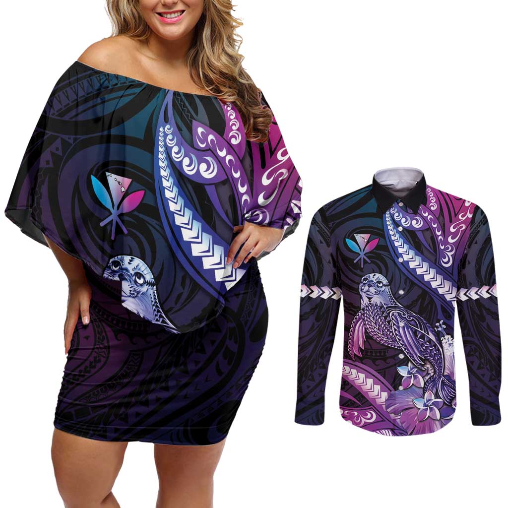 Hawaiian Monk Seal Couples Matching Off Shoulder Short Dress and Long Sleeve Button Shirt Kakau Tribal Pattern Violet Gradient