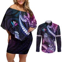 Hawaiian Monk Seal Couples Matching Off Shoulder Short Dress and Long Sleeve Button Shirt Kakau Tribal Pattern Violet Gradient