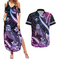 Hawaiian Monk Seal Couples Matching Summer Maxi Dress and Hawaiian Shirt Kakau Tribal Pattern Violet Gradient