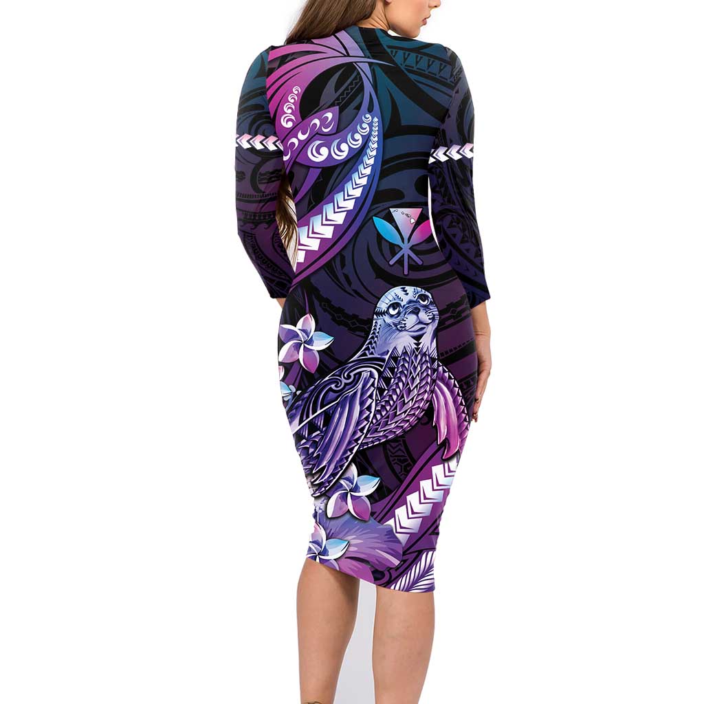 Hawaiian Monk Seal Family Matching Long Sleeve Bodycon Dress and Hawaiian Shirt Kakau Tribal Pattern Violet Gradient