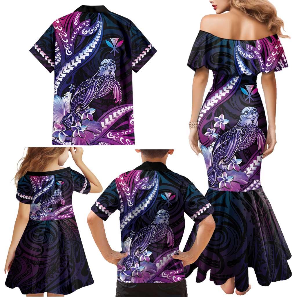 Hawaiian Monk Seal Family Matching Mermaid Dress and Hawaiian Shirt Kakau Tribal Pattern Violet Gradient
