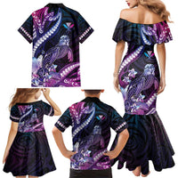 Hawaiian Monk Seal Family Matching Mermaid Dress and Hawaiian Shirt Kakau Tribal Pattern Violet Gradient