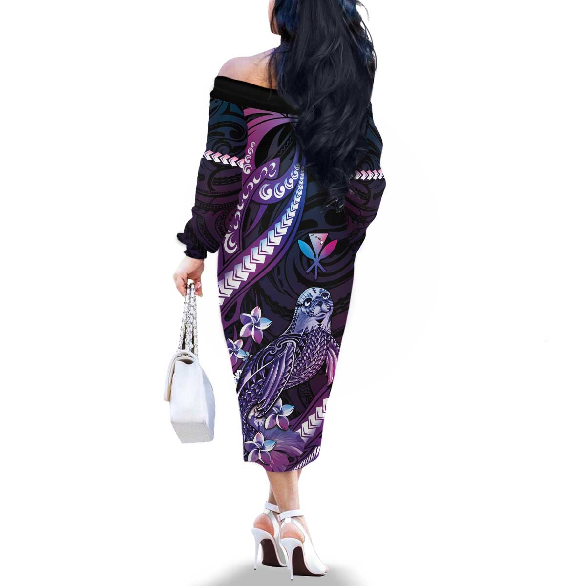 Hawaiian Monk Seal Family Matching Off The Shoulder Long Sleeve Dress and Hawaiian Shirt Kakau Tribal Pattern Violet Gradient