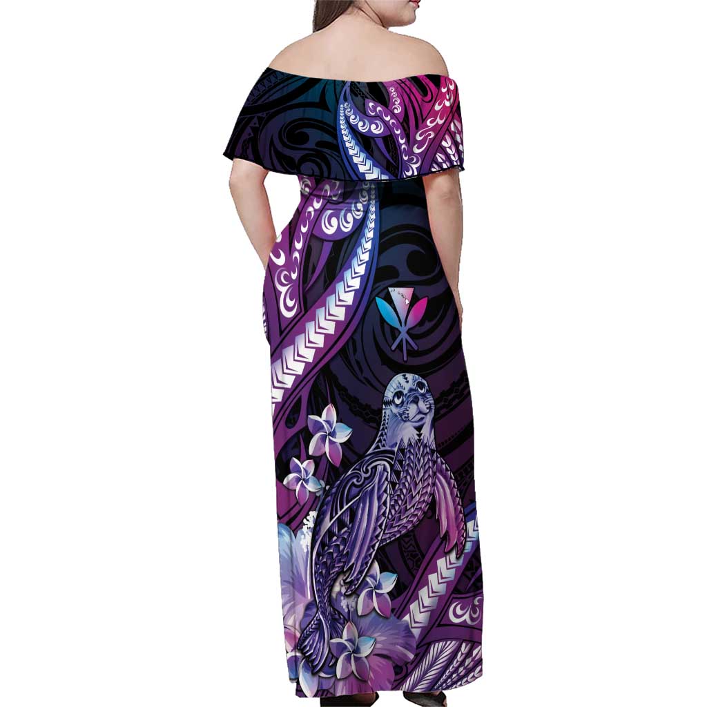 Hawaiian Monk Seal Family Matching Off Shoulder Maxi Dress and Hawaiian Shirt Kakau Tribal Pattern Violet Gradient