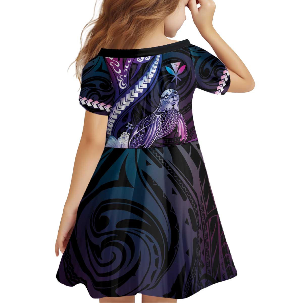 Hawaiian Monk Seal Family Matching Off Shoulder Short Dress and Hawaiian Shirt Kakau Tribal Pattern Violet Gradient