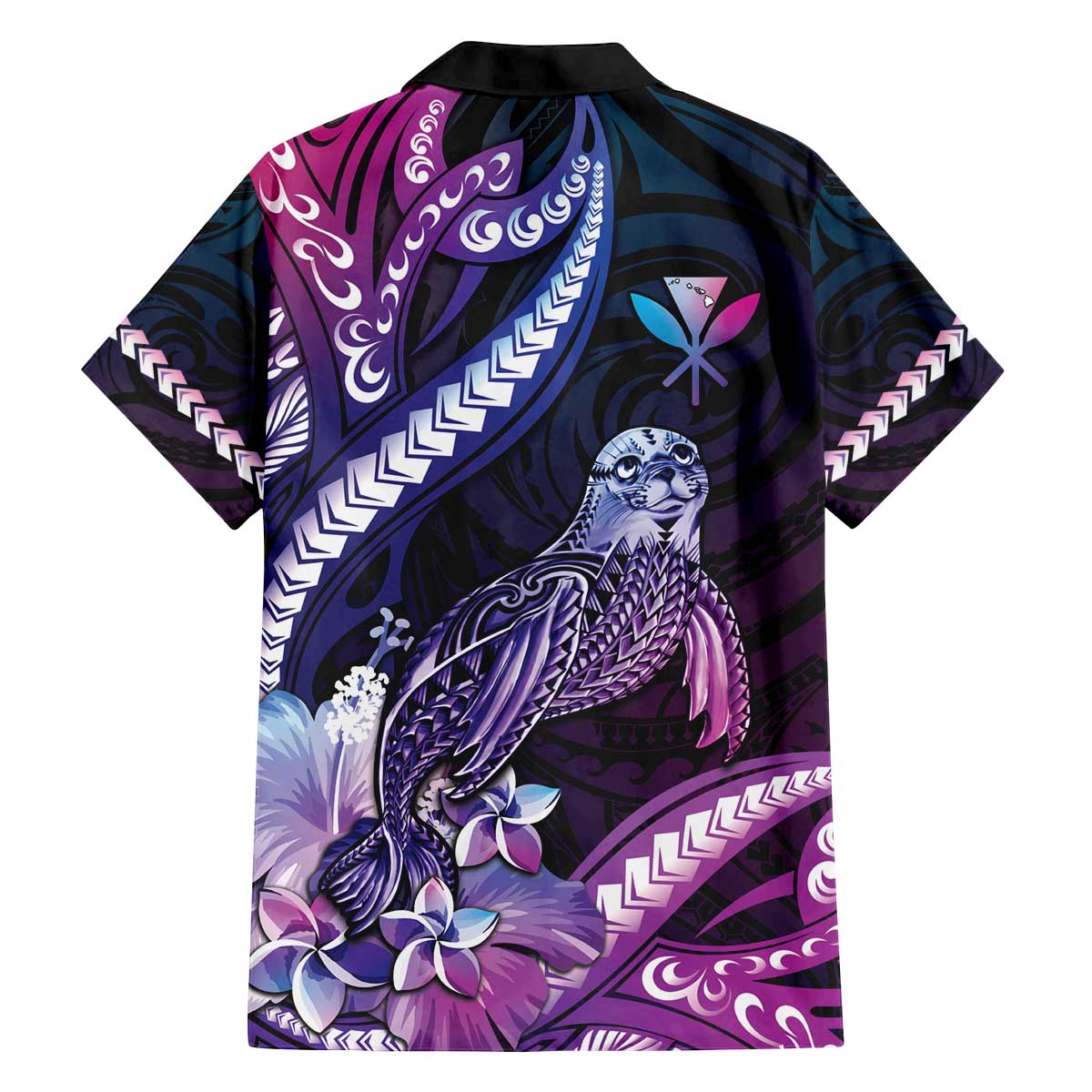 Hawaiian Monk Seal Family Matching Off Shoulder Short Dress and Hawaiian Shirt Kakau Tribal Pattern Violet Gradient