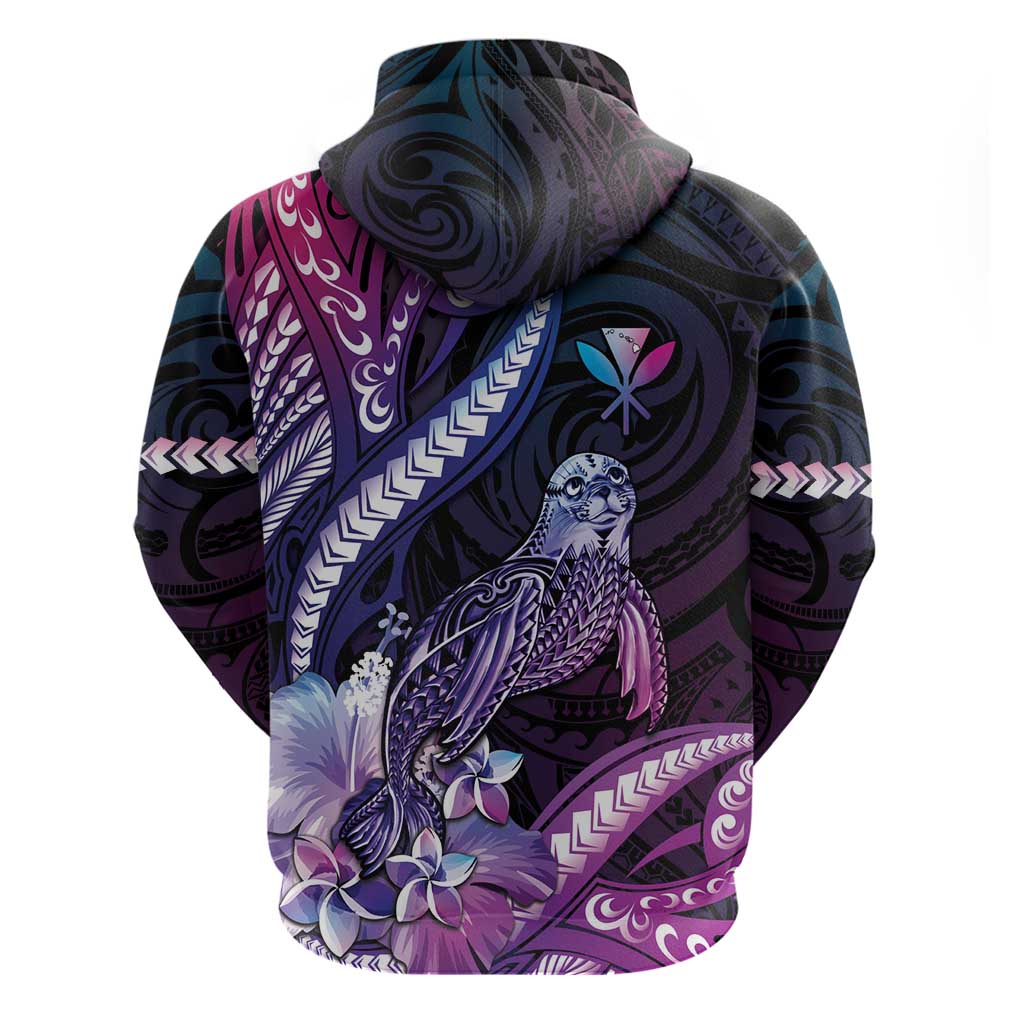 Hawaiian Monk Seal Hoodie Kakau Tribal Pattern Violet Gradient