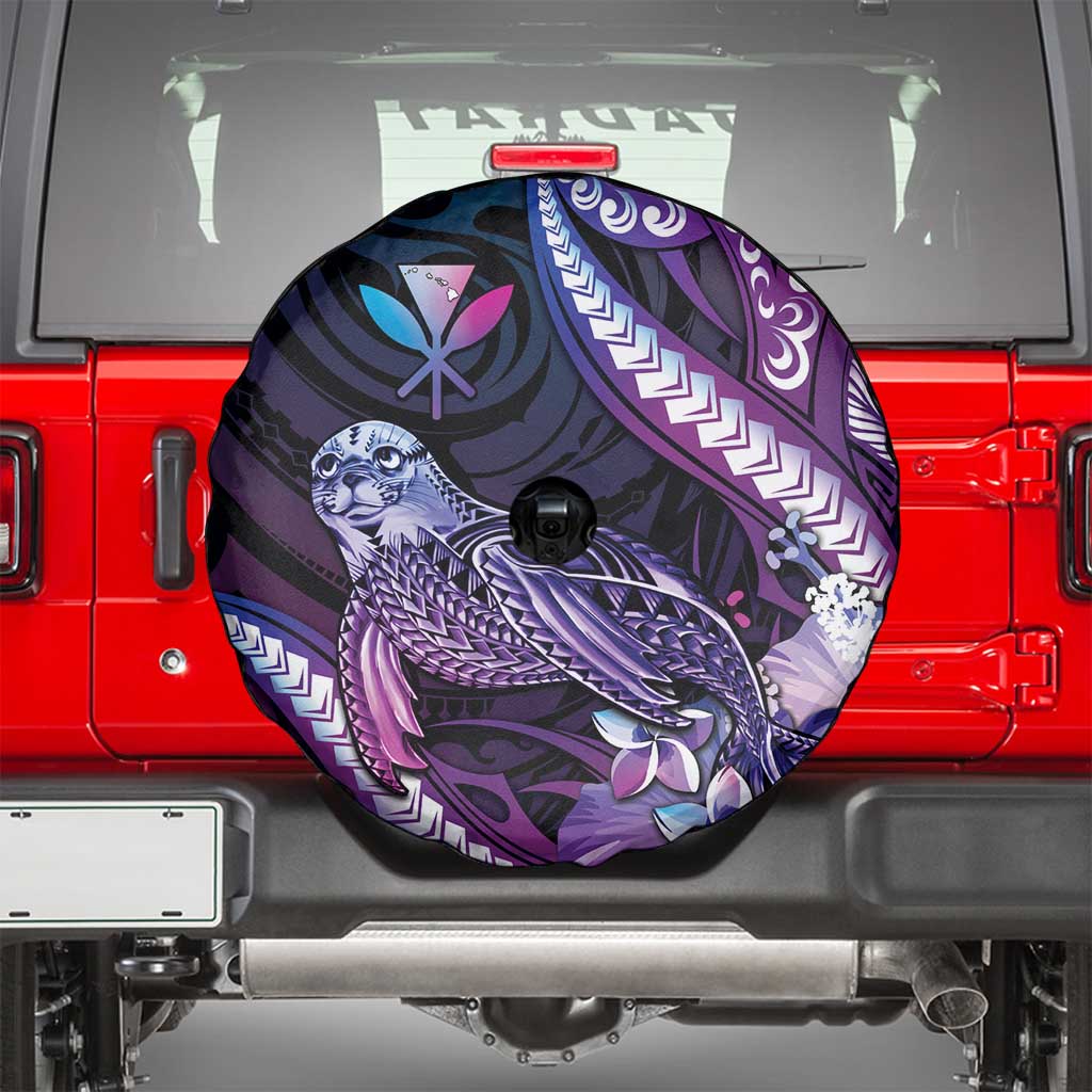 Hawaiian Monk Seal Spare Tire Cover Kakau Tribal Pattern Violet Gradient