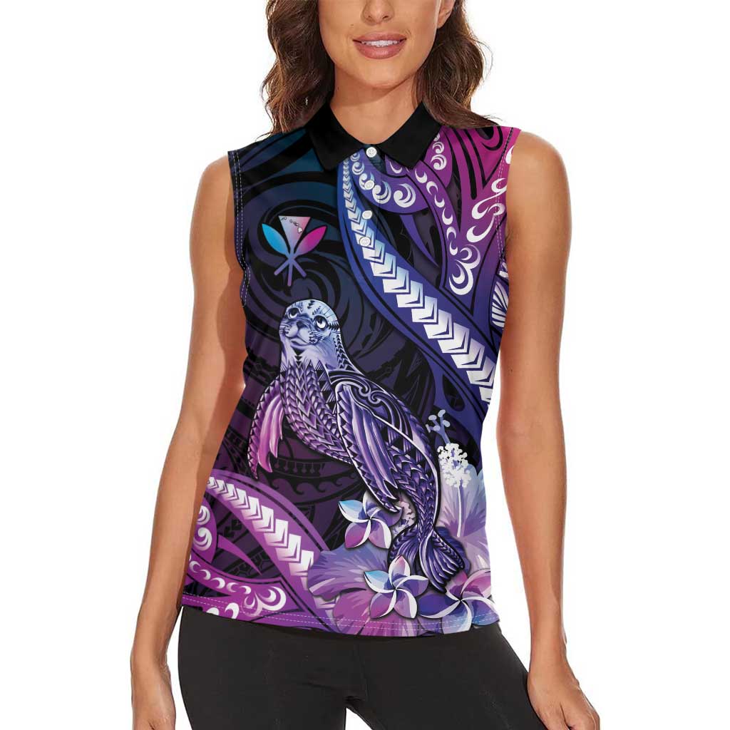Hawaiian Monk Seal Women Sleeveless Polo Shirt Kakau Tribal Pattern Violet Gradient